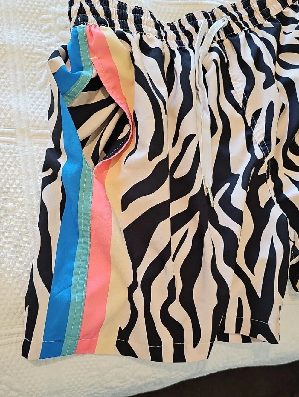 Men's Zebra Print Swim Trunks with Color Stripe Accent - Black & White